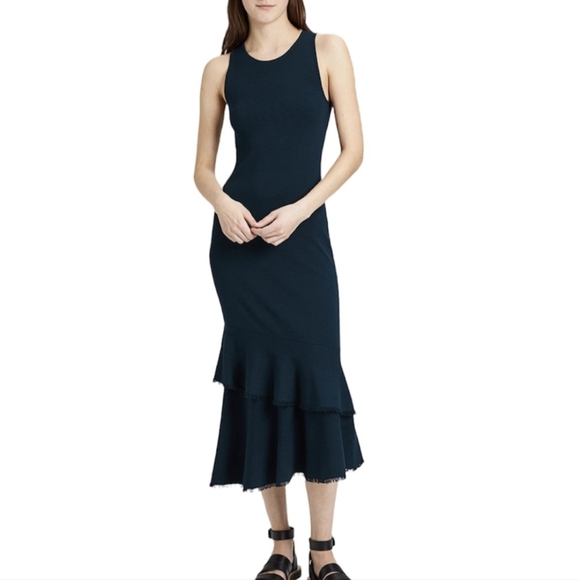 THEORYI Dark Teal Green Nilimary Prosecco Sleeveless Knit Ruffle Midi Dress, S - Picture 1 of 13